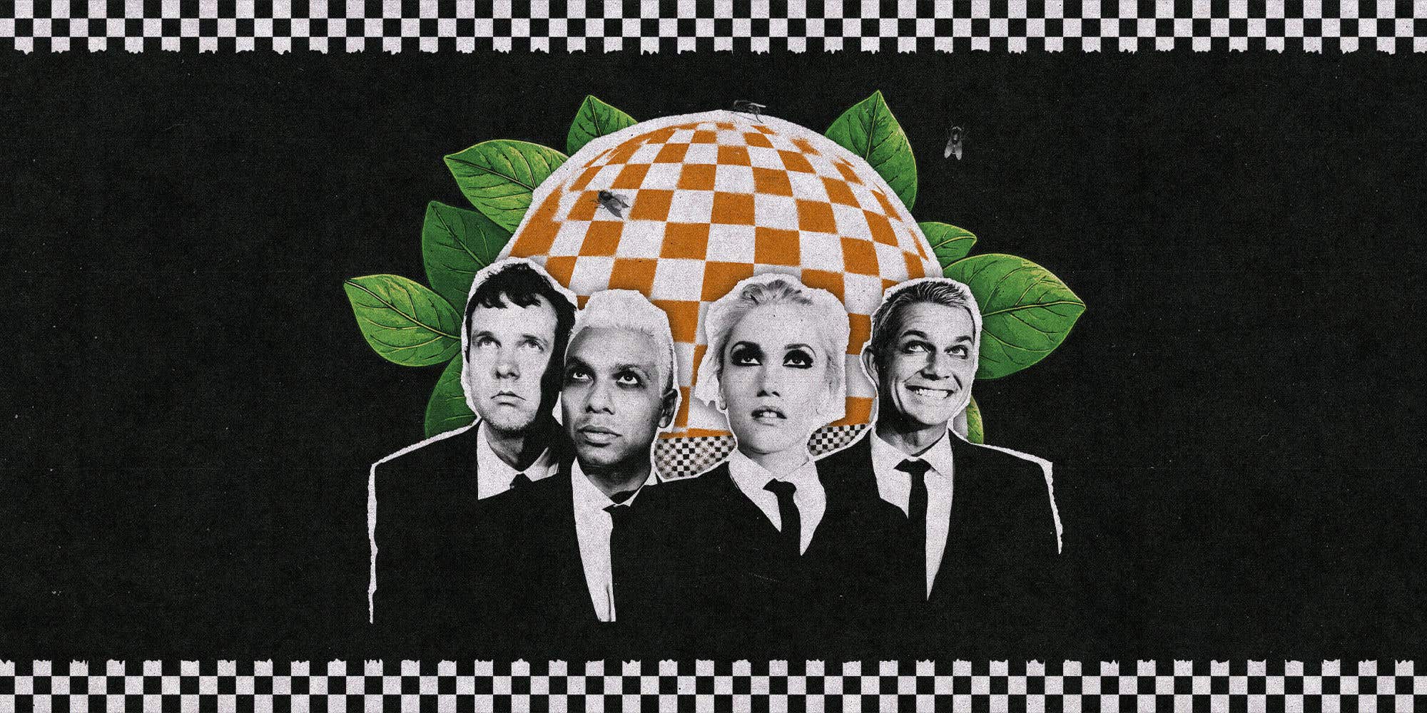 Black and white imagery of 4 band members against an orange and white checkered Sphere with green leaves.