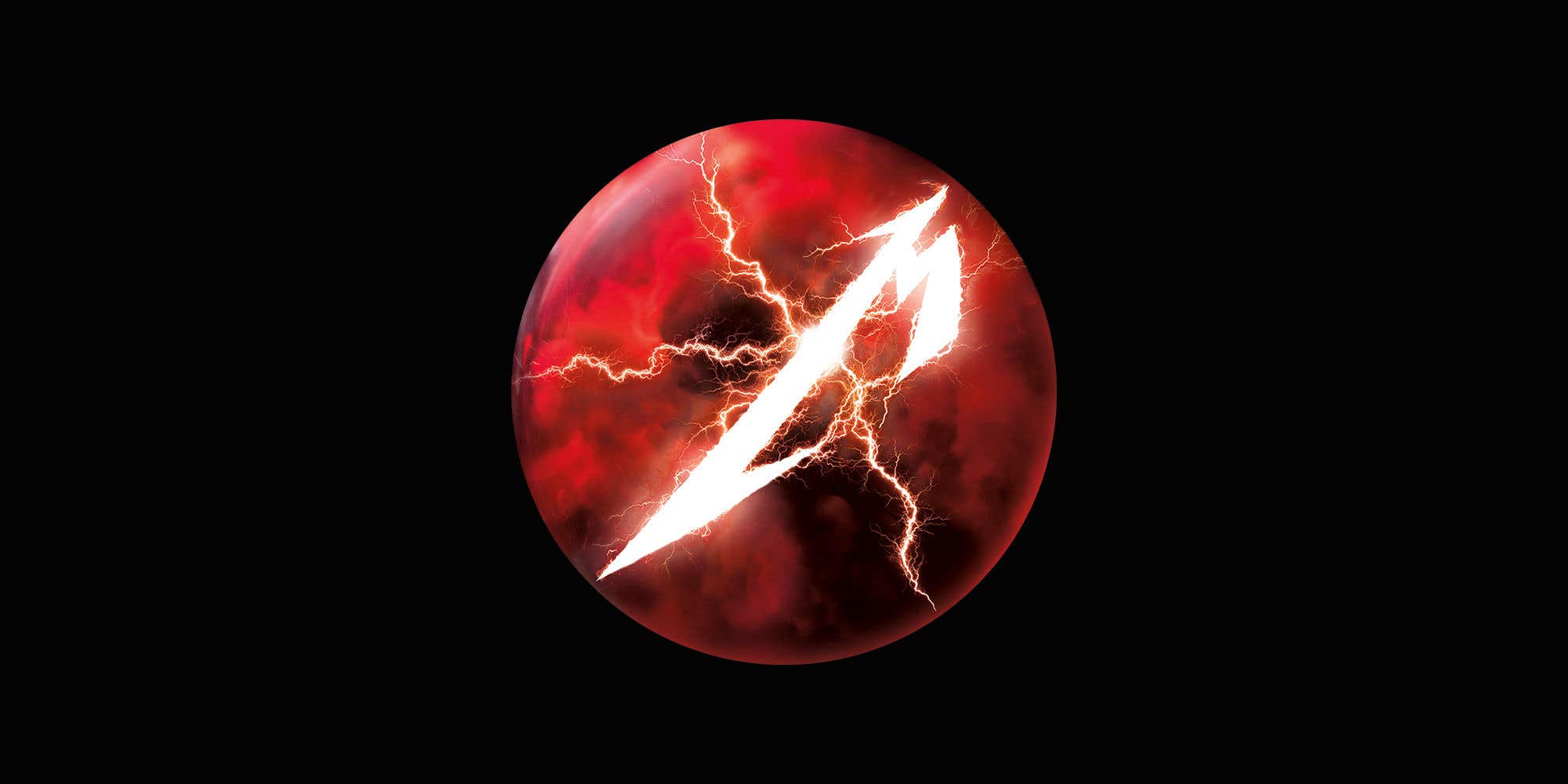 A red moon on black background with a white lightning bolt that ends in an M.