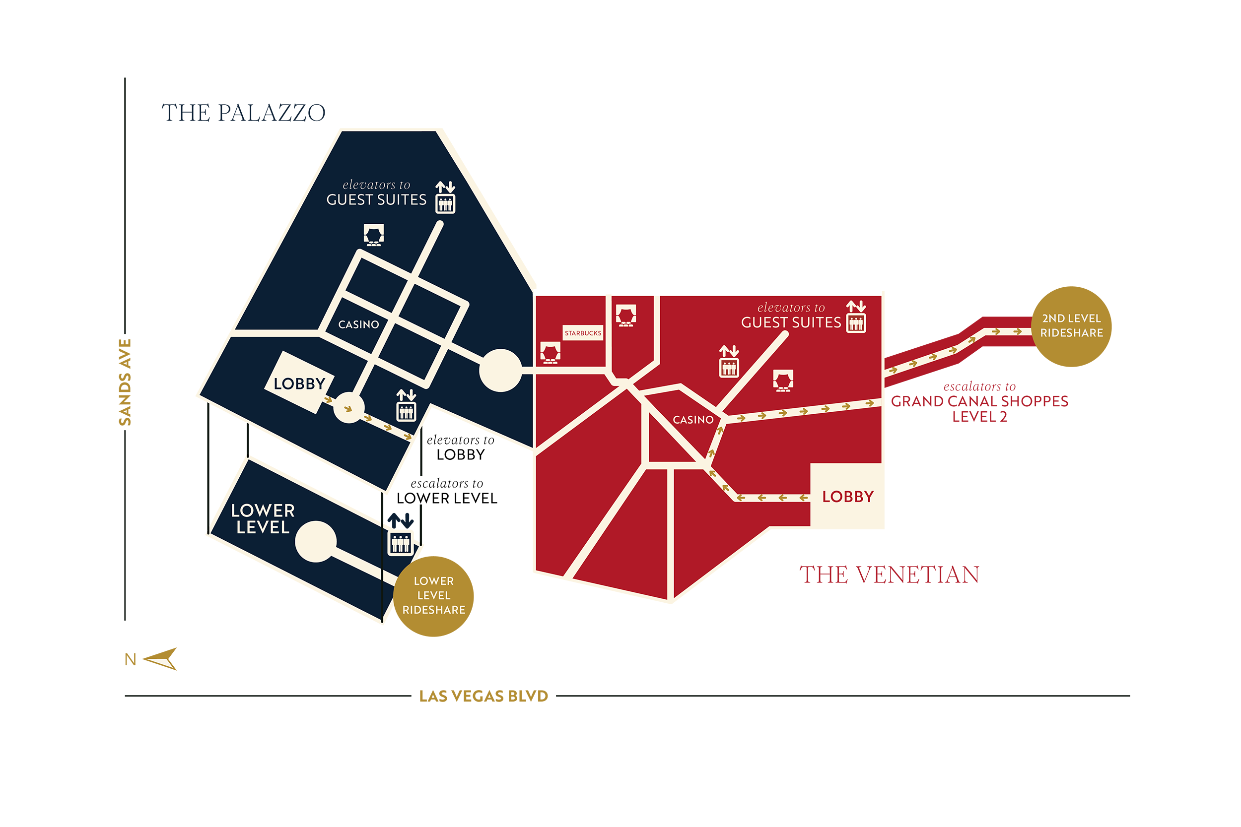 Map of The Venetian Resort showing where Rideshare pickup locations are located.