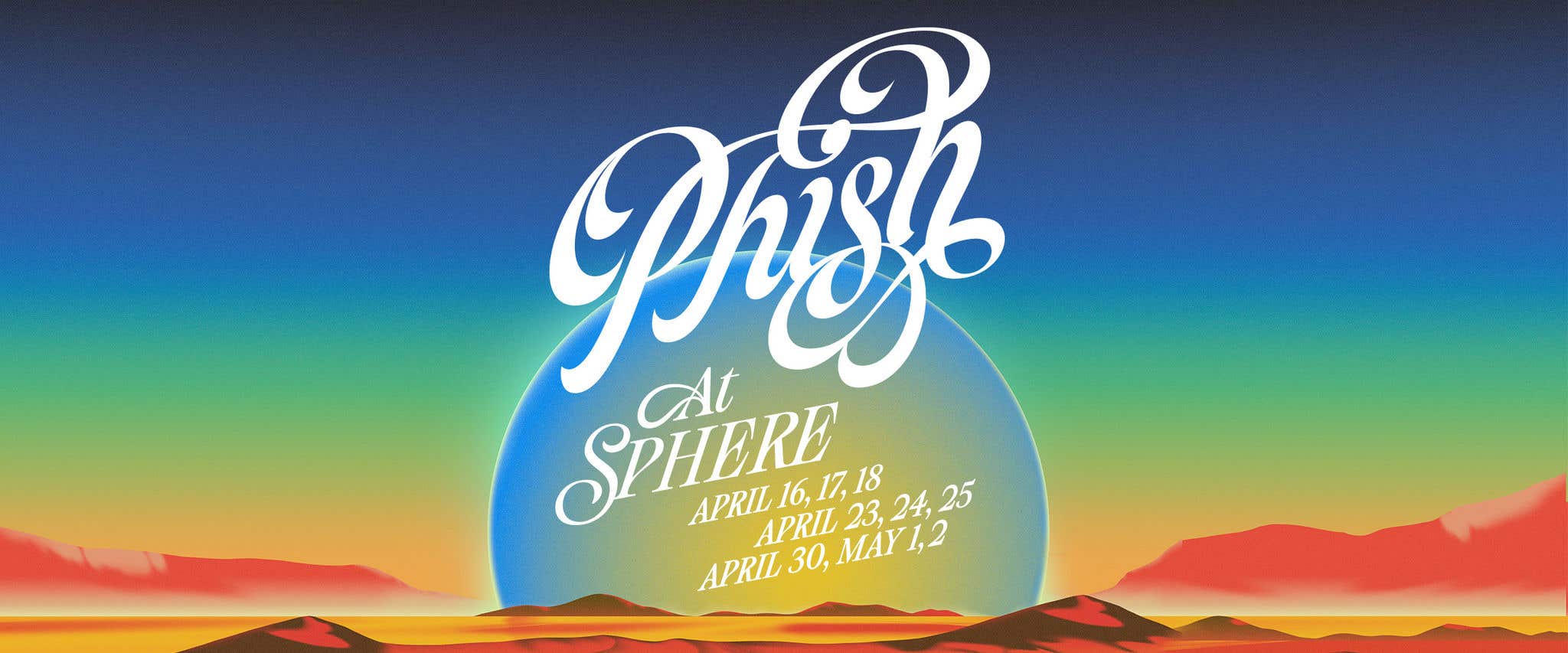 Sunset painting of mountains in oranges and reds, with a green hazy sky and a blue spherical orb with “Phish” lettering over it.