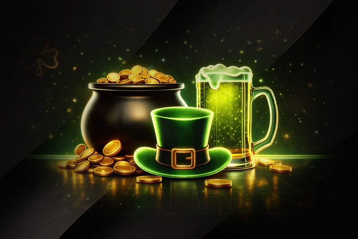 A neon-themed graphic of a leprechaun hat, pot of gold and green beer.